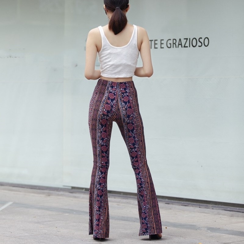 Ethnic Geometric Striped Floral Print Flare Pants Women Bohemian Tribal African Hippie Bell Leggings Bottom Long Trousers 210429