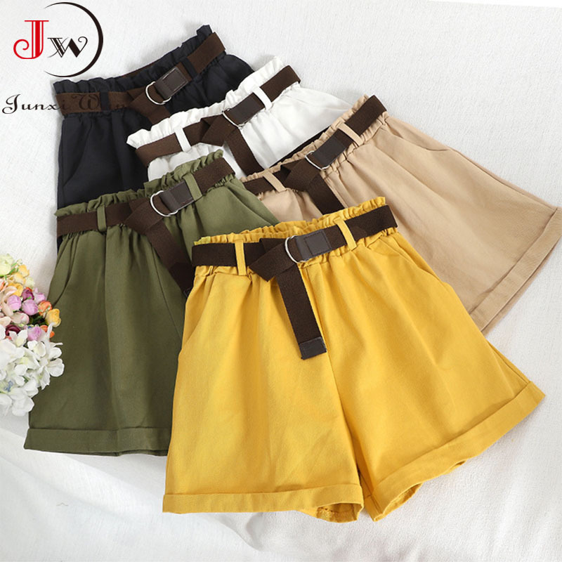 Women Summer High Waist Wide Leg Shorts With Belt Korean Fashion Solid Black White Yellow Cotton Short Pants Casual Beach Ruffle 210510