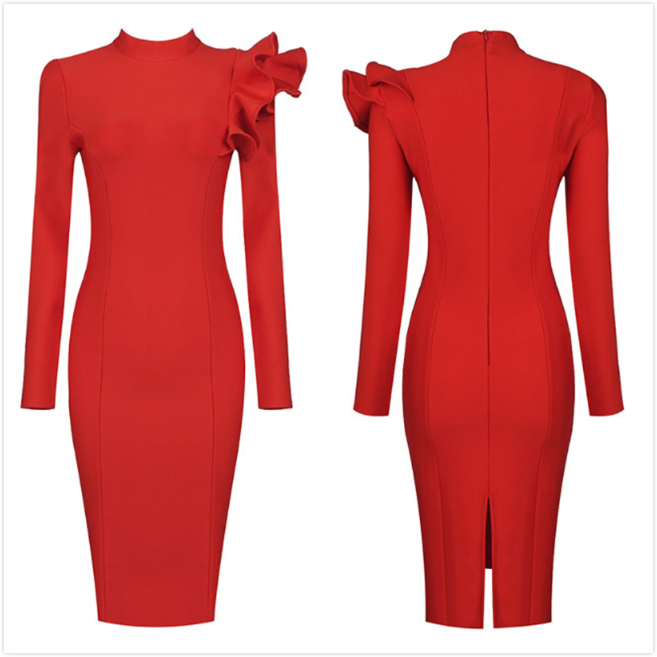 Free Women Red Midi Bandage Dress Elegant O Neck Long Sleeve Ruffle Bodycon Celebrity Club Party Vestido 210524