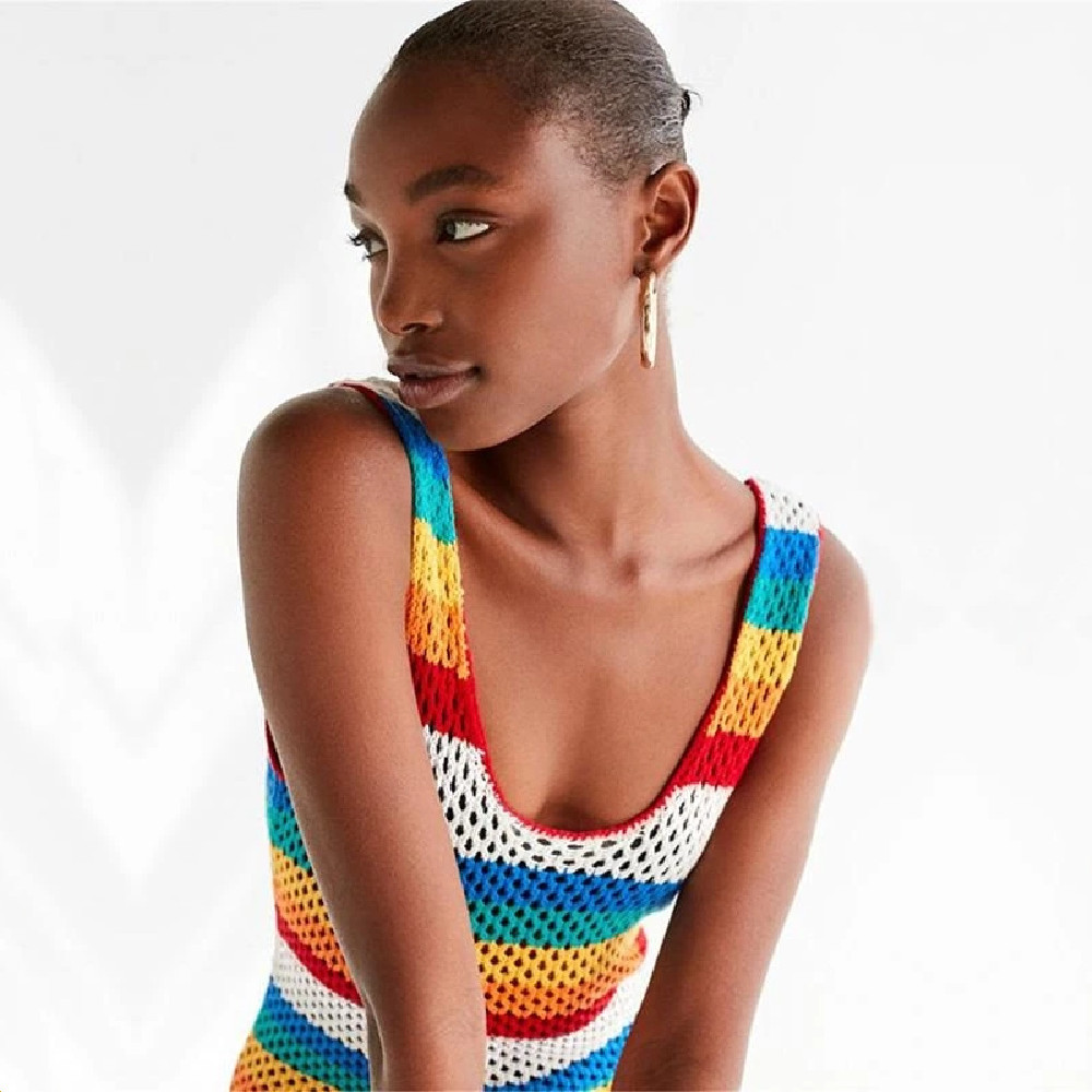 Multicolored Striped Summer Beach Wear Mini Dress Women Tunic Swimwear Cover-ups Bikini Wrap Cover Up Sarong plage #Q726 210420