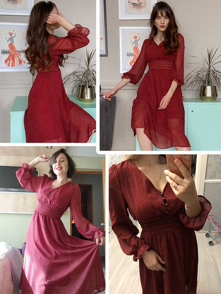 Autumn V Neck Polka Dot Slim Chiffon Dress Button Puff Sleeve High Waist Elegant Women Mid-calf 210623