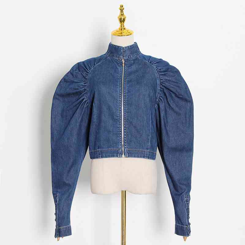 VGH Casual Denim Short Shirt For Women Stand Collar Puff Sleeve Solid Minimalist Blouse Female Fall Fashion New Clothing 210421