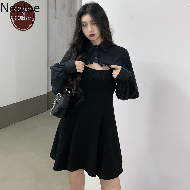 Neploe Korean Chic Suit Two Piece Outfits for Women White Crop Tops Sling Dress Sexy Lady Fall Clothes 2 Piece Set Female 4G546 210422