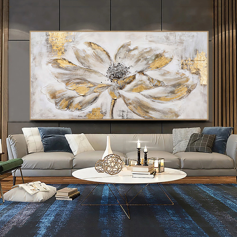 Golden Flower Abstract Home Decor Oil Painting Printed on Canvas Wall Art for Living Room Modern Posters Vintage Quadros Nordic