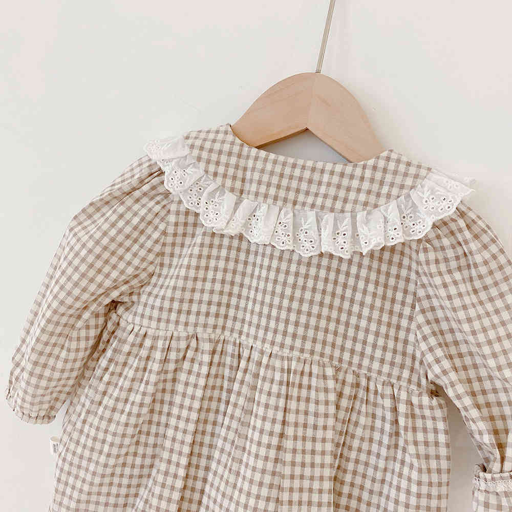 Gril long-sleeved plaid Bodysuits baby doll collar princess One-Pieces climbing clothes girl 210515