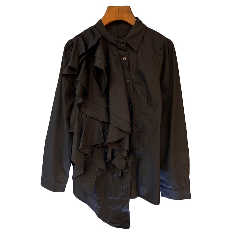 Patchwork Ruffle White Women Shirt Lapel Long Sleeve Irregular Hem Solid Blouse Female Fall Fashion 210524