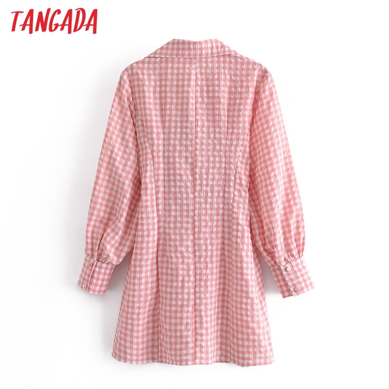 Fashion Women Plaid Print Cut-out Dress Arrival Long Sleeve Ladies Mini Robe JE03 210416