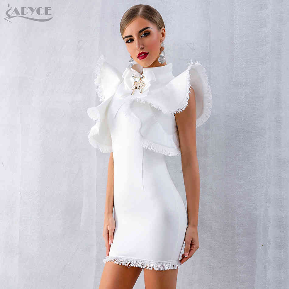 Summer Women White Celebrity Runway Party Dress Vestidos Sexy Sleeveless Ruffles Tassel Black Bodycon Club 210423