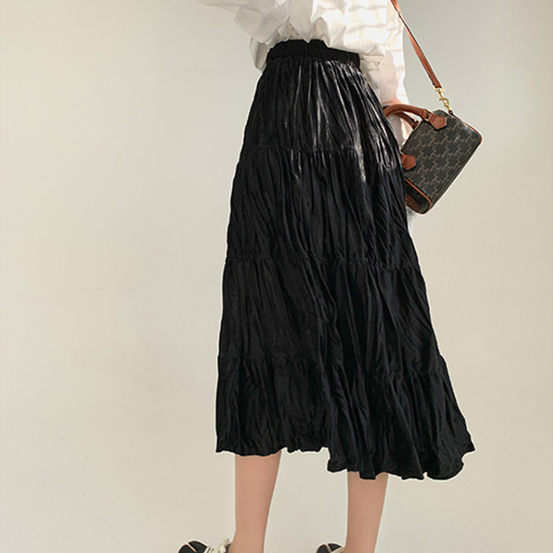 Spring High Waist Vintage Solid Pleated Velvet Skirt OL Elegant Fashion Bottoms Autumn Winter Long Skirts Womens 210421