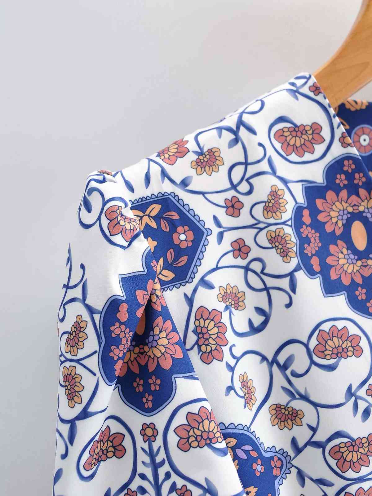 Women Vintage V-neck Short-sleeved Print Dress Fashion Elegant Waist Temperament Chic Female Midi Dress Vestidos 210507