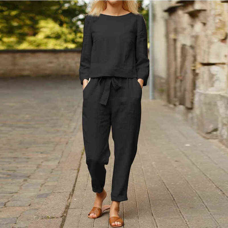 Casual Women Linen 2 Piece Set Solid Color Loose Comfortable Drawstring Long Sleeve Home Suits Lounge Wear Tracksuit 211106