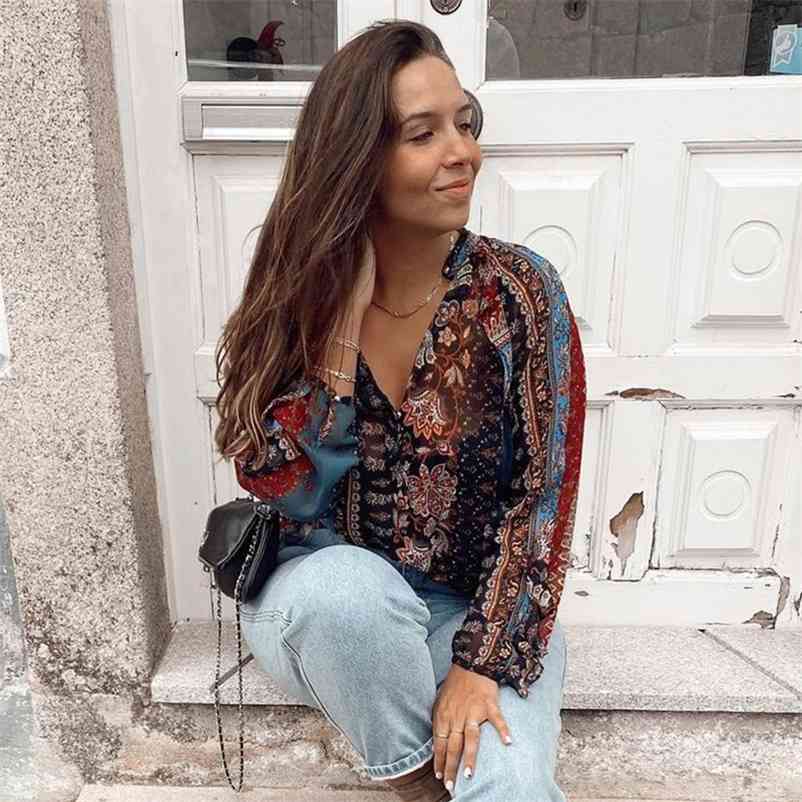 Foridol Floral Print Blouse Shirt Women's Clothing Transparent Ruffle Vintage Button Ladies Shirts Long Sleeve Tops New 210415