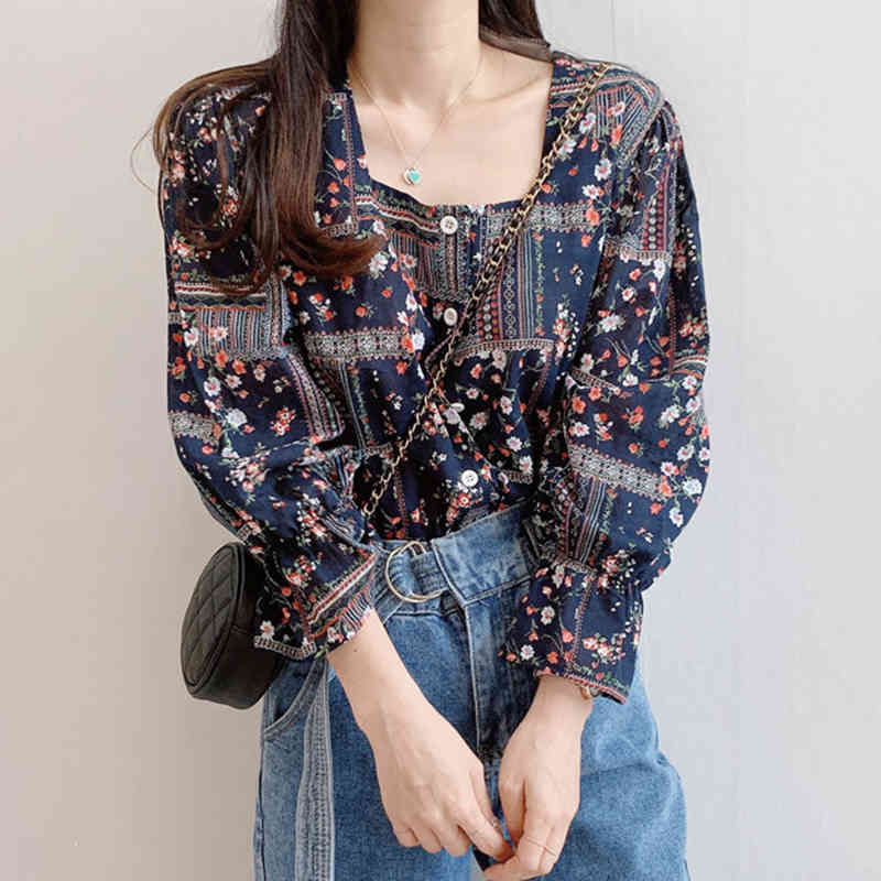 Elegant Square Collar Boho Blouse Women Korean Chic Floral Print Female Shirts Thin Beach Style Blusas Mujer Tops 210519