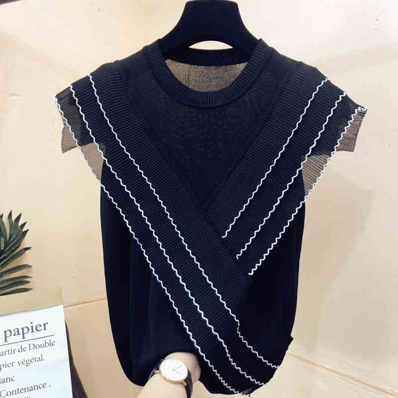 Three-layer ruffles chiffon patchwork ice silk knitted sweater women Korean o-neck thin pullover black white tops summer 210810wtt