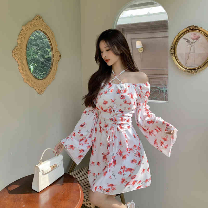Fashion Women Sexy Halter Flower Print Chiffon Dress Summer Long Sleeve High Waist Casual Beach Party With Girdle 210519