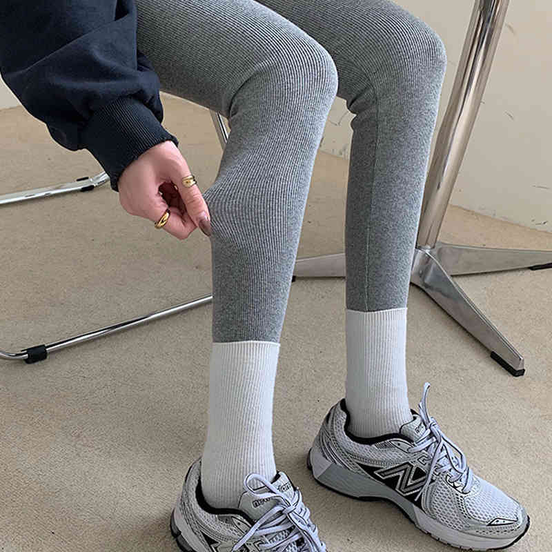 Korean Winter Solid Casual Cotton Trousers High Elasticity Velvet Women's Leggings Keep Warm Waist Slim Pant 12938 210427
