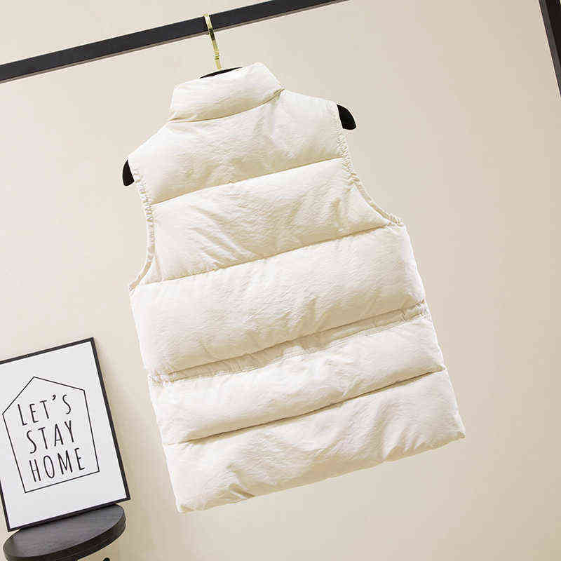 Solid Short Style Vest for Women Cotton Padded Women's Winter Sleeveless Jacket with Zipper Stand Collar Casual Coats 211105