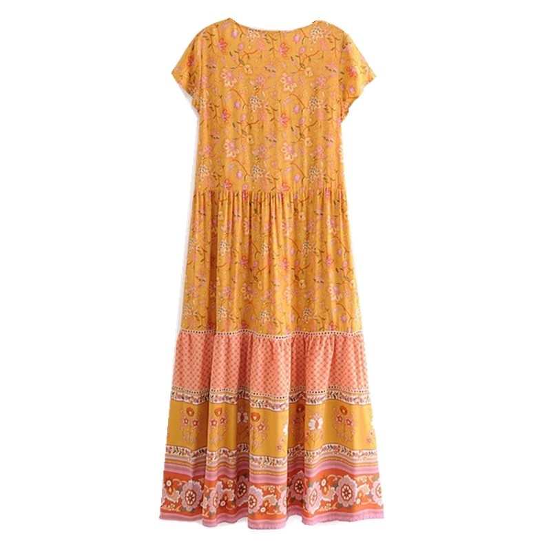 Bohemian Location Flower Print Short sleeve Dress Holiday BOHO Woman V neck Side Pockets Loose Straight Long Dresses Beach 210429