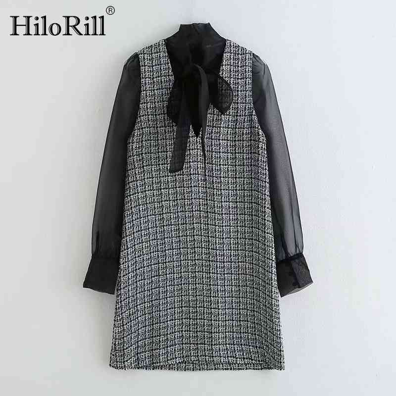 Vintage Women Bow Tie Collar Patchwork Mini Dress Elegant Ladies See Through Sleeve Loose Female Tank 210508