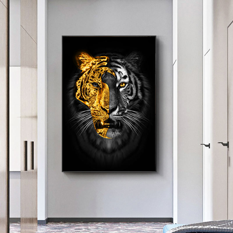 Animals Art Gold Black Lion Paintings on Canvas Wall Pictures for Living Room Decor Wall Art Canvas Posters Prints Home Cuadros