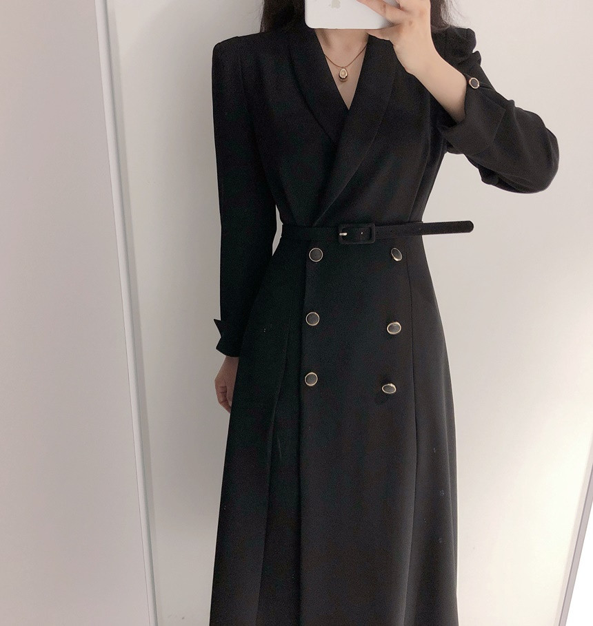 Autumn Elegant For Women Turn-Down Collar Office Vestidos Lady Double-Breasted Long Dresses 210520