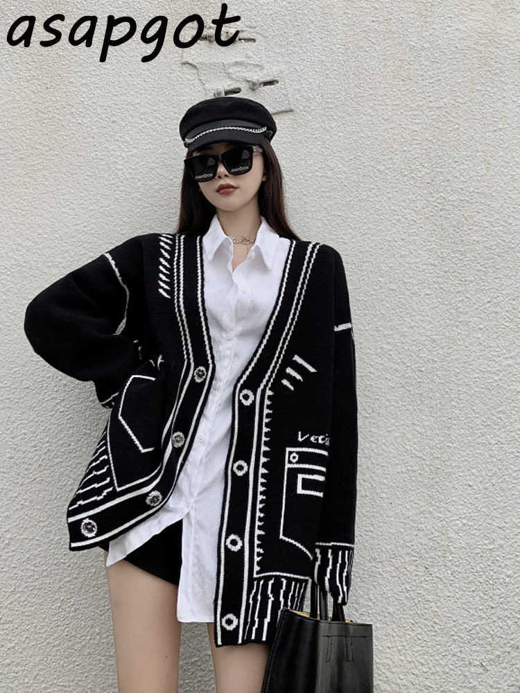 Retro Temperament Loose V Neck Graffiti Cardigan Knitted Jacket Long Autumn Winter Sweaters Tops Fashion Casual Pull 210914