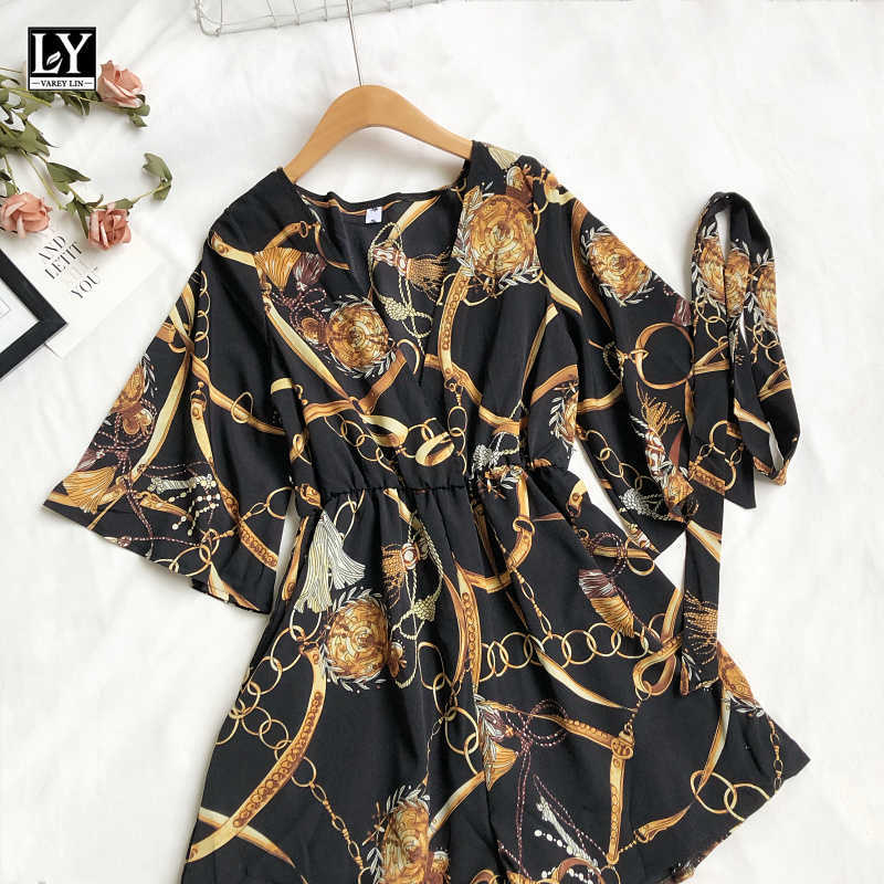 LY VAREY LIN Summer Women Fashion Bandage Short Jumpsuits Casual V-neck Print High Waist Wide Leg Jumpsuit 210526