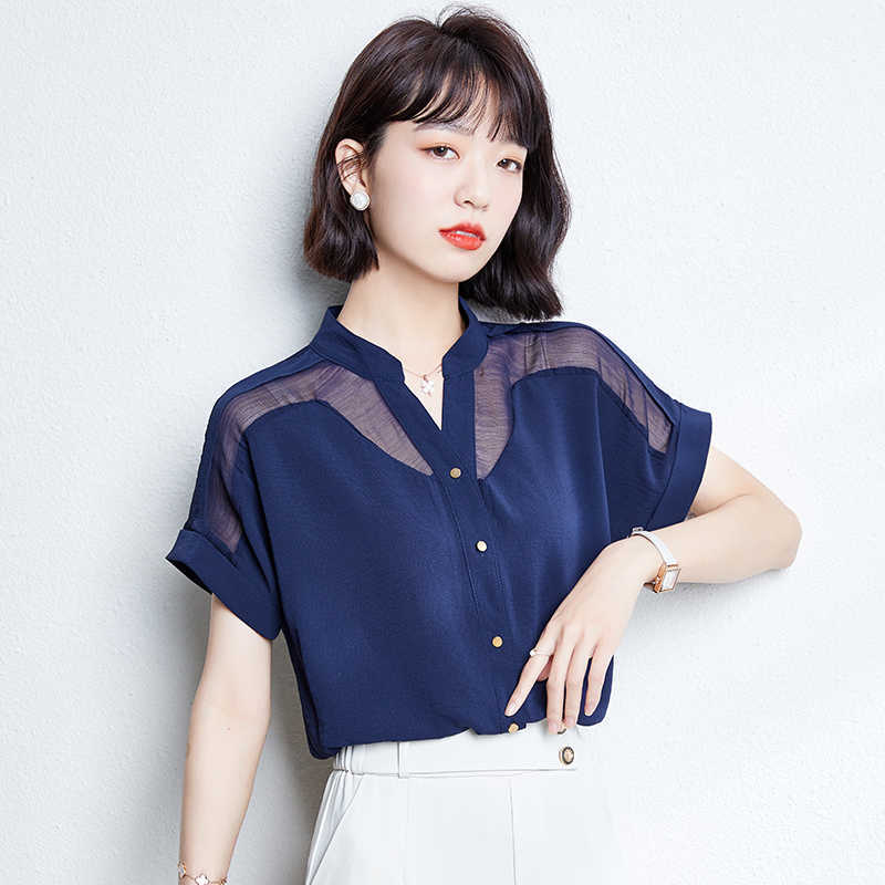 Korean Fashion Womens Tops and Blouses Chiffon Women Short Sleeve Office Lady White Shirts Plus Size XXL Ladies 210531