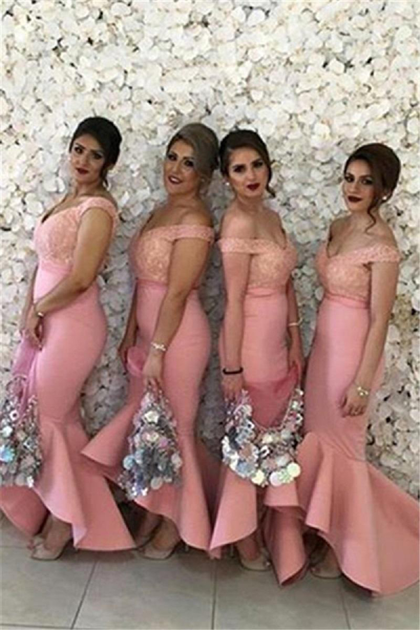 2021 New Arabic Off The Shoulder Bridesmaid Dresses Backless Lace Applique High Low Dubai Ruffles Wedding Guest Maid of the Honor Dresses