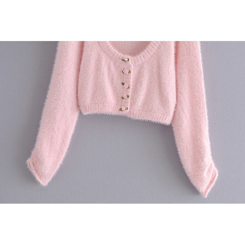 women button pink cardigan fashion ladies v-neck puff sleeve single breasted solid short sweater cute girls preppy style 210521