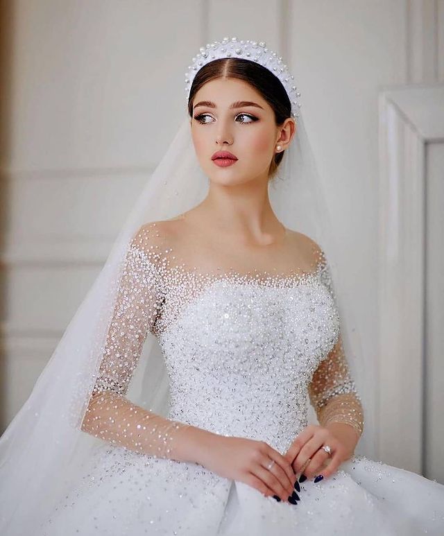 2021 Plus Size Arabic Aso Ebi Luxurious Beaded Pearls Wedding Gowns Sheer Neck Long Sleeves A-line Tulle Bridal Dresses ZJ694