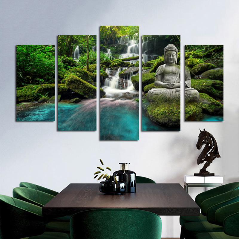 5 Panels Waterfall Buddha Posters And Prints Canvas Painting Big Size Wall Art Pictures For Living Room Landscape Home Decor