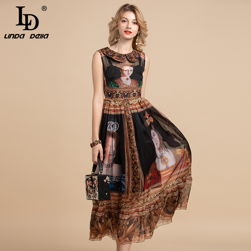 Summer Fashion Runway Vintage Long Dress Women's Sleeveless High waist Character Print Chiffon Dresses 210522