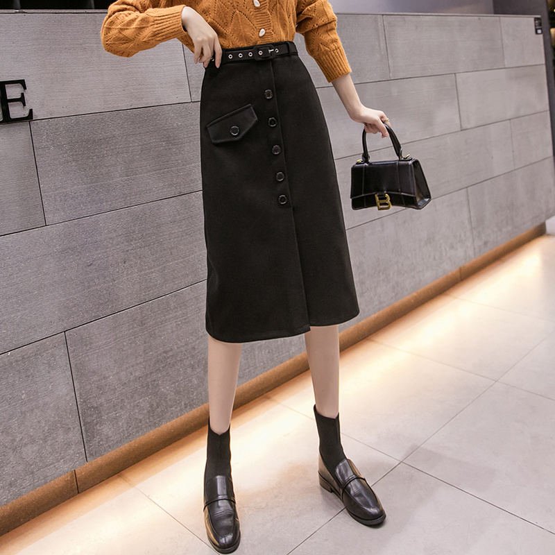 Autumn Korean Wool Vintage Midi Skirt A-Line Button s Womens Winter Black Casual Long Faldas Mujer 12133 210512