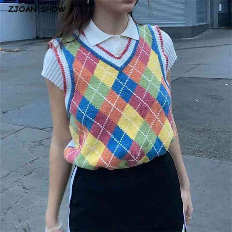 Preppy Style Pink Argyle Plaid Knitted Sweater Vest Women 90s Vintage Korean Clothing V Neck Tank Top Y2K Knitwear Sleeveless 210429