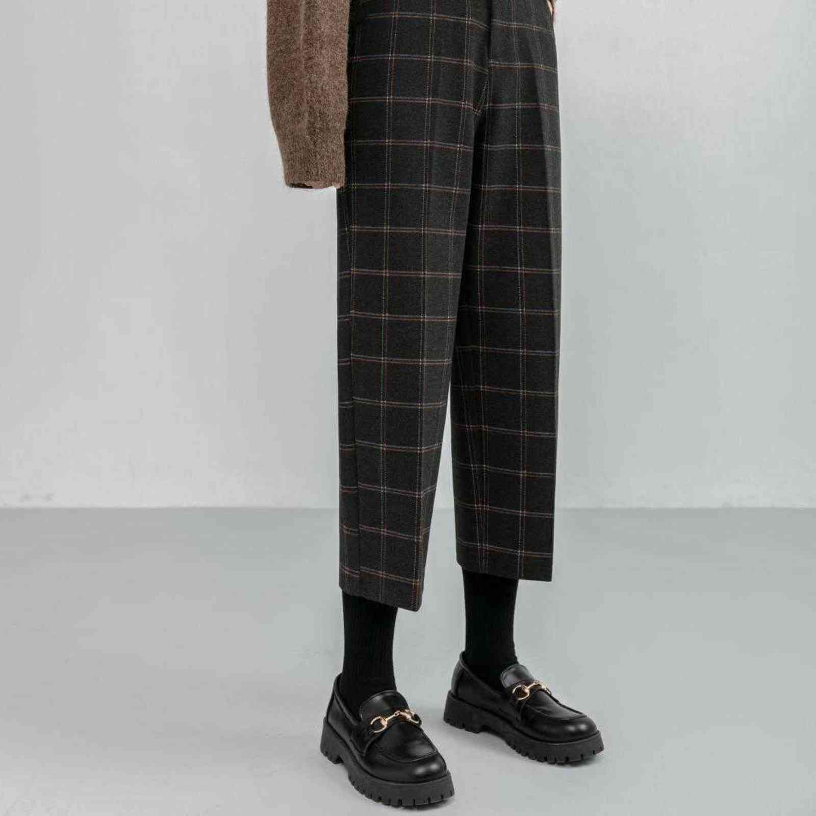 REALEFT Winter Vintage Plaid Woolen Pants Fashion High Waist Pockets Thicken Warm Ankle Length Casual Trousers Female 211124