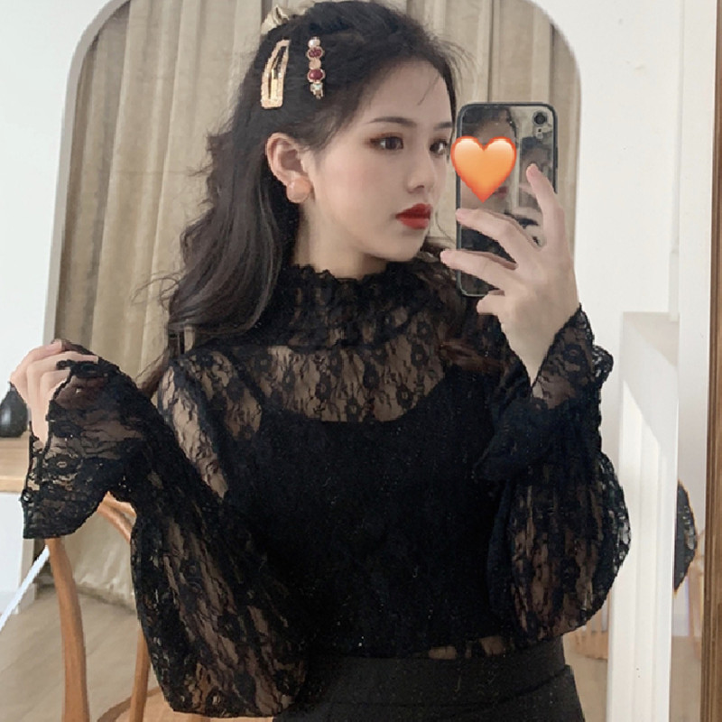 Elegant Lace Shirts Ladies Casual Flare Sleeve Turtleneck Blouse and Tops Women Spring Korean Style Basic Shirt Female Chic 210521