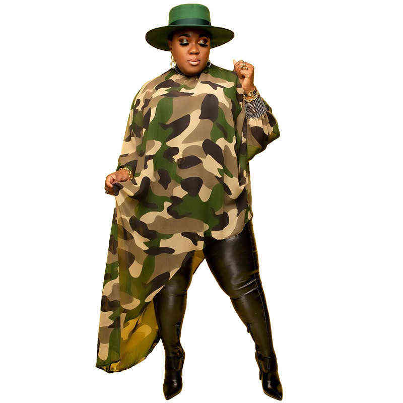 Plus Size Tops L-4xl Wholesale Long Sleeve Shirts for Women Camouflage Loose Casual Irregular Hem Polyester Blouses Drop 211106