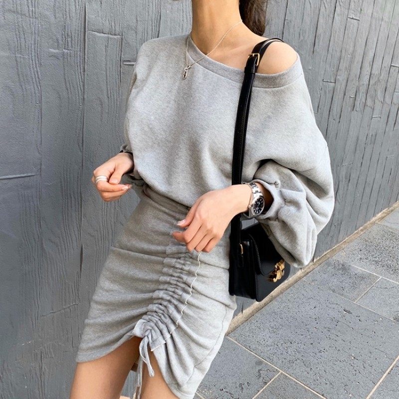 Fashion Women Vintage Gray Drawstring Dress Bodycon Mini Female Lantern Sleeve O Neck Casual Sexy Spring Summer 210519