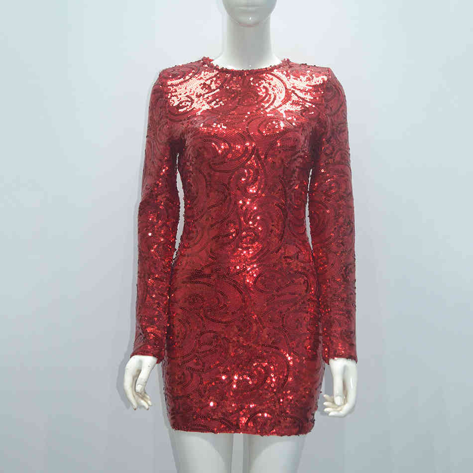 Free Women Red Elegant Sequined Bandage Dress O-Neck Long Sleeve Bodycon Mini Celebrity Club Party 210524