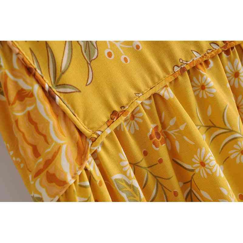 Bohemia Bandage Lacing up Collar Contrast color Flower Print Dress Ethnic Woman Long Sleeve Maxi Holiday Dresses Beach Gold 210429