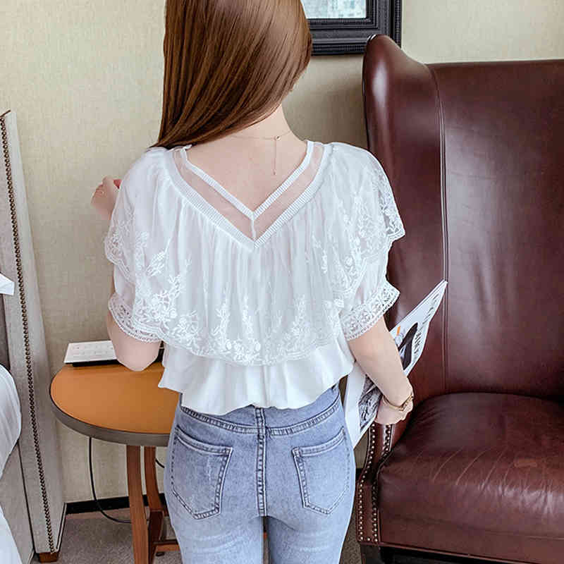 Front and Back Two Wear Summer Sweet Blouse V-neck Temperament Loose Ruffled Lace Short Sleeve Blouses Women 14288 210506