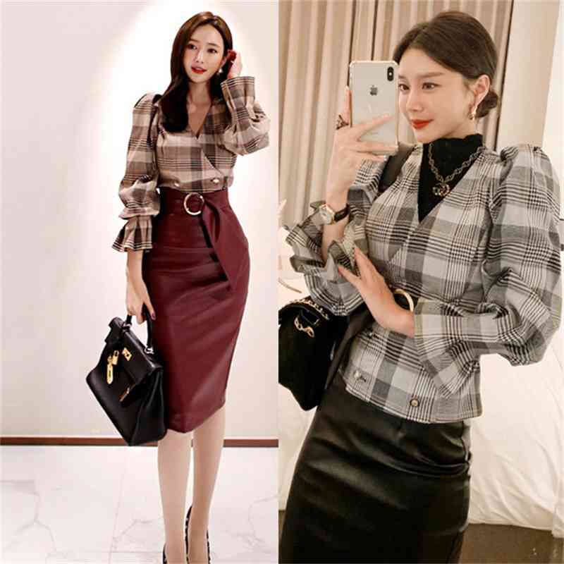 Korea fashion 2 Pieces Suits Women Autumn Plaid Printed Suede Fashion Work Sheath Bodycon Pencil Skirt Office Set 210519