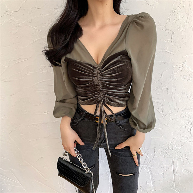 High Waist Autumn V-Neck Lantern Sleeves Slim Velvet Women Sexy Female Basic Brief Tops T-shirt 210421