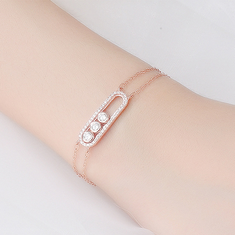 Women 925 Sterling Silver Charm Bracelet Sliding 3 Bead Geometric Cubic Zirconia Double Layers Chains Adjustable Friendship Birthday Gift