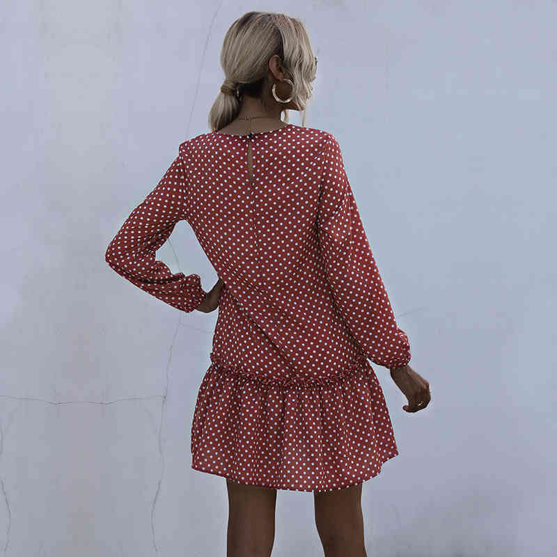 Fashion Short Dot Print Dress Women Casual O Neck Lantern Sleeve Slim Ruffles Autumn Winter Dress For Women New 210413