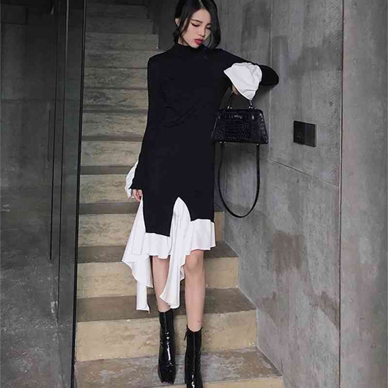 Autumn fashion Knitting Dress Female Flare Long Sleeve Turtleneck Patchwork Ruffle Hem Irregular Women's Dresses Robe 210519