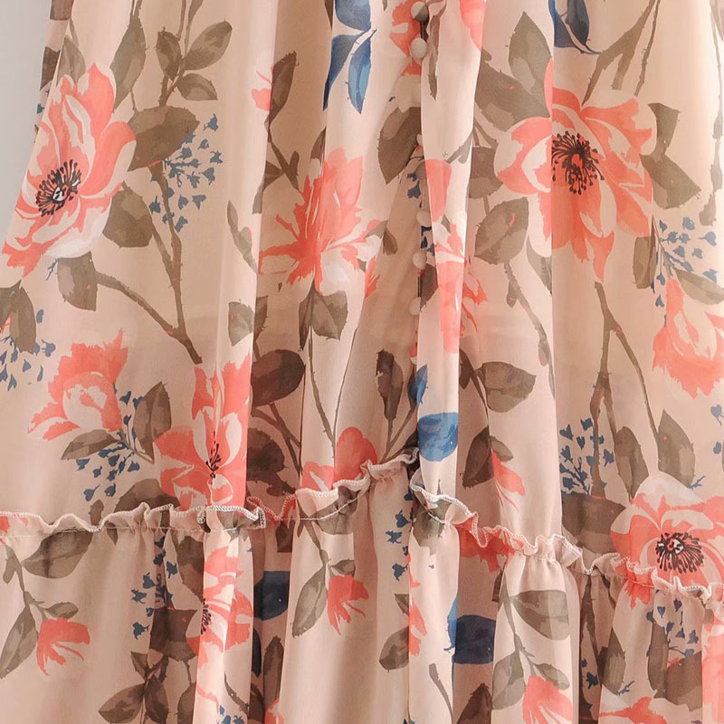 VKBN Summer Women Dress Up Flare Sleeve Floral Print Empire Stand Long Sleeve Dresses Women Long Fashion s 210507