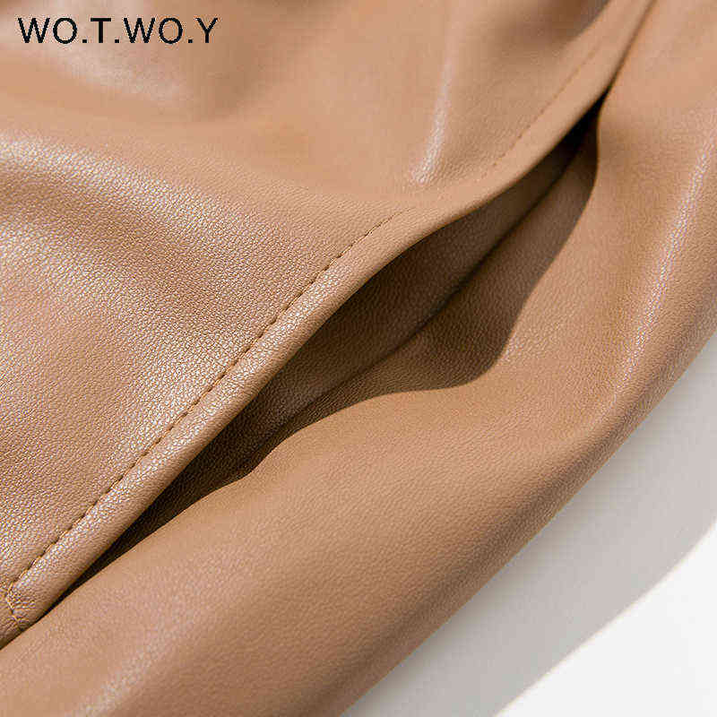 WOTWOY Drawstring High Waist Loose Leather Pants Women Autumn Winter Full Length Casual Straight Trousers Female Black 211115