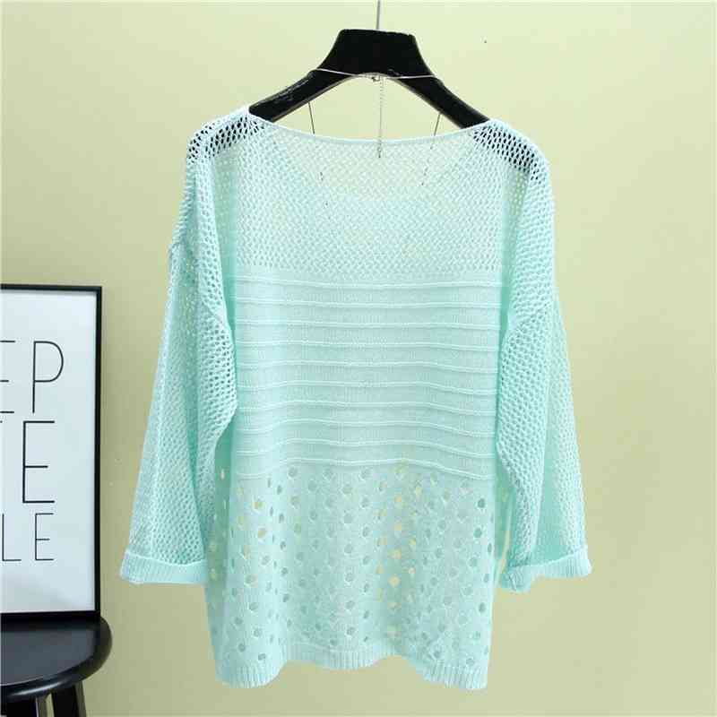 Hollow Out Shirt Summer Thin Mid-sleeve Knitted Women Blouse Bottom Loose Air-conditioning Sunprotection 13895 210427